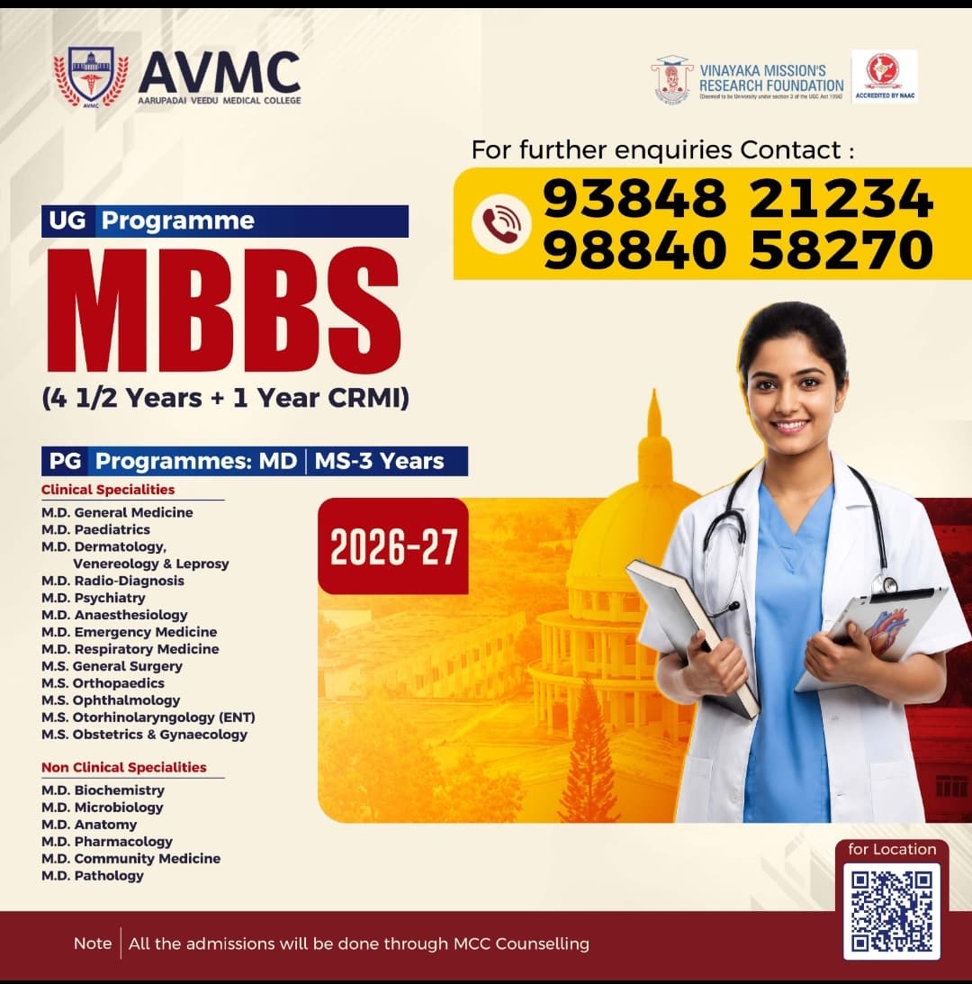 MBBS and MD/MS admissions open for 2026-2027 at Aarupadai Veedu Medical College — announcement from the Academic Office